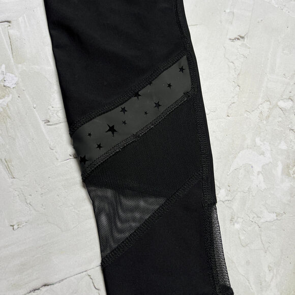 Terez SIZE Small Star Laser Cut Vegan Leather Panel Leggings Black Mesh 2241 - Picture 7 of 12